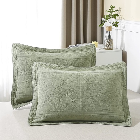 100% Cotton Quilted Pillow Sham Floral  Pillow Cover King Size, Set Of 2, Green - Picture 1 of 9
